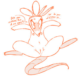 anthro female genitals nipples orange_line_art simple_background solo speech_bubble spread_legs spreading text vulva white_background the_weaver deltarune undertale_(series) orange_(deltarune) mammal mouse murid murine rodent 2026 colored_line_art