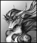 anthro black_hair breasts ear_piercing ear_ring female fur hair horn non-mammal_breasts piercing ring_piercing solo felangrey mythology lisyra_(avelos) dragon dragoon_(avelos) furred_dragon furred_scalie mythological_creature mythological_scalie reptile scalie wingless_dragon hi_res monochrome