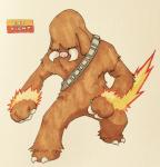 2017 3_fingers ambiguous_gender ammo_belt anthro anthrofied biped brown_body brown_fur chewbacca claws cosplay covered_eyes crossover crossover_cosplay english_text fakemon featureless_crotch fighting_pose fingers fire firefightdex fist floppy_ears fluffy front_view full-length_portrait fur generation_2_pokemon hi_res mammal marco_fanjul marker_(artwork) mixed_media mostly_nude nintendo pen_(artwork) pig_nose piloswine pink_nose pokemon pokemon_(species) pokemorph portrait pose shadow simple_background solo standing star_wars suina text toe_claws toony traditional_media_(artwork) tusks white_background white_claws