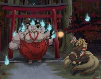9_tails anthro asian_clothing belly big_belly big_breasts blonde_hair breasts cheek_tuft claws clothing detailed_background duo east_asian_clothing facial_tuft female fire flaming_tail forest forest_background hair japanese_clothing kimono lamp lantern long_hair looking_at_viewer multi_tail nature nature_background neck_tuft obese obese_female on_rock overweight overweight_female plant rock sitting sitting_on_rock smile tail tree tuft white_body yellow_body biglovealicia nintendo pokemon canid canine fox fox_spirit generation_1_pokemon mammal ninetales pokemon_(species) 2022 digital_media_(artwork) hi_res signature