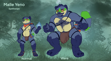 anthro body_hair bottomwear chest_hair chest_tuft clothing ear_piercing eye_markings facial_hair footwear genitals loincloth magic_user male male_anthro markings musclegut muscular nipples penis penis_base piercing red_scarf sandals scarf shirtless_male shoes solo striped_markings striped_tail stripes tail tail_markings tuft malle_yeno mythology canid canine mammal mythological_canine mythological_creature procyonid werecanid werecanine werecreature wereprocyonid wereraccoon werewolf absurd_res hi_res model_sheet