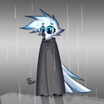 anthro beak blue_body blue_eyes blue_feathers cloak clothing feathers female raining solo ara_squawks tyra_(ara_squawks) avian bird owl 1:1 absurd_res hi_res