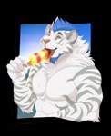 abs anthro arm_tuft blue_hair cheek_tuft chest_tuft claws ear_piercing ear_ring elbow_tuft eyebrow_piercing facial_piercing facial_tuft finger_claws fingerpads food fur green_eyes grey_markings grey_stripes hair holding_food holding_object holding_popsicle male markings muscular muscular_anthro muscular_male neck_tuft nude pawpads pecs piercing popsicle popsicle_in_mouth ring_piercing short_hair solo stripes tongue tongue_out tuft white_body white_claws white_fur ninetht felid mammal pantherine tiger alpha_channel