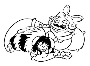 antennae_(anatomy) anthro bent_arm black_body black_facial_hair black_fur black_mustache book buckteeth closed_smile clothed clothed_anthro clothed_male clothing cuddling curly_hair duo ears_down facial_hair female female_anthro fur hair half-closed_eyes head_on_pillow holding_book holding_object insect_wings larger_anthro larger_male long_ears lying male male/female male_anthro markings medium_hair mitten_hands mole_(marking) mouth_closed multicolored_body multicolored_fur mustache narrowed_eyes noseless on_front on_side open_book pillow pivoted_ears reading reading_book shirt simple_background size_difference sleeping smile sound_effects speech_bubble stinger tail teeth topwear two_tone_body two_tone_fur vowelless vowelless_sound_effect white_background white_body white_fur wings zzz altermentality mario_bros mario_plus_rabbids_kingdom_battle mario_plus_rabbids_sparks_of_hope nintendo raving_rabbids rayman_(series) ubisoft bea_(mario_plus_rabbids) phantom_of_the_bwahpera arthropod bee ghost hybrid hymenopteran insect lagomorph mammal rabbid spirit 2022 black_and_white crossover digital_drawing_(artwork) digital_media_(artwork) english_description monochrome