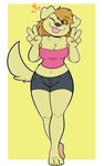 3_toes 4_fingers anthro arm_tuft barefoot biped blep blonde_hair border bottomwear breasts brown_eyes brown_nose cheek_tuft chest_tuft claws cleavage clothed clothed_anthro clothed_female clothing crop_top double_v_sign elbow_tuft emanata eye_through_hair eyebrow_through_hair eyebrows facial_tuft feet female female_anthro fingers fur gesture grey_bottomwear grey_clothing grey_shorts hair hand_gesture hindpaw hotpants looking_at_viewer midriff navel one_eye_closed paws pink_clothing pink_crop_top pink_shirt pink_tongue pink_topwear pink_tube_top shirt shorts shoulder_tuft simple_background smile smiling_at_viewer solo standing strapless_clothing tail toe_claws toes tongue tongue_out topwear translucent translucent_hair tube_top tuft v_sign walking white_border wink winking_at_viewer yellow_background yellow_body yellow_ears yellow_emanata yellow_fur yellow_tail yellow_tuft kabula_(artist) ray_fox ally_(ray_fox) bird_dog canid canine canis domestic_dog golden_retriever hunting_dog mammal retriever 2020 absurd_res colored digital_drawing_(artwork) digital_media_(artwork) hi_res