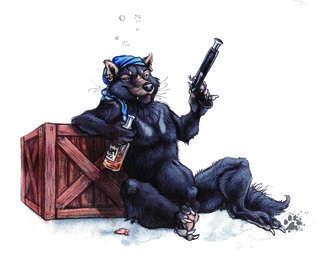 alcohol alcohol_bottle animal_genitalia anthro balls beverage beverage_bottle black_body black_fur blue_kerchief bottle box claws container crate drunk ear_piercing ear_ring finger_claws flintlock_pistol fully_sheathed fur genitals gun holding_bottle holding_container holding_gun holding_object holding_ranged_weapon holding_weapon kerchief looking_at_viewer male nude nude_anthro nude_male paws piercing ranged_weapon ring_piercing rum sheath simple_background sitting snaggle_tooth solo substance_intoxication toe_claws weapon whiskers white_background wooden_crate blotch scratches_volume_4 dasyurid dasyuromorph mammal marsupial tasmanian_devil 2010 5:4 traditional_media_(artwork)