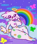 alternate_species anthro areola big_breasts breasts cloud eyelashes female fur hair halo looking_at_viewer multicolored_body multicolored_fur multicolored_hair nipples nude open_mouth paint_splatter pink_body pink_fur pink_hair polka_dots poster rainbow raised_knee sitting sky smile solo sparkles sparkling_eyes star thick_thighs chinigan lisa_frank unpacking_(game) angel arthropod butterfly canid canine canis domestic_dog insect lepidopteran mammal