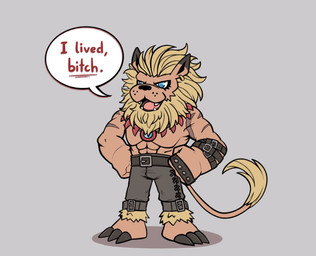 abs anthro chibi humor male mane muscular muscular_anthro muscular_male nipples pecs solo text deepseapotato bandai_namco digimon digimon_(species) leomon english_text hi_res