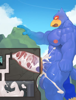 anthro balls beak big_balls big_penis blue_body blush bodily_fluids body_worship cum cum_inside destruction erection excessive_cum excessive_genital_fluids eyes_closed facility flooding genital_fluids genitals glans humanoid_genitalia humanoid_penis internal machine macro male milking_machine muscular muscular_anthro muscular_male nipples non-mammal_balls non-mammal_nipples orgasm pecs penetrable_sex_toy penetration penile penis penis_milking sex_toy solo thick_penis vein veiny_penis namutree nintendo star_fox falco_lombardi avian bird absurd_res hi_res
