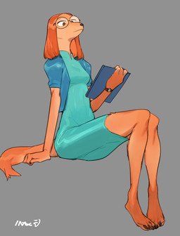 4_toes anthro arms_by_side barefoot bent_arm bent_legs biped breasts claws clipboard clock clothing countershading digitigrade dress eyewear feet female fur glasses grey_background hair holding_clipboard holding_object knock-kneed legs_together orange_body orange_fur orange_hair round_glasses simple_background sitting skinny solo straight_arm tight_clothing toe_claws toes watch wristwatch bebebebebe illumination_entertainment sing_(movie) suki_lane canid canine canis domestic_dog hunting_dog mammal saluki sighthound 2022 hi_res