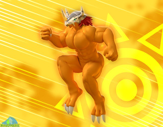anthro armor big_muscles big_pecs claws crest_of_courage digimon_crest green_eyes hair headgear helmet horn horned_helmet male midair muscular muscular_male nude orange_background orange_body orange_skin pecs red_hair simple_background solo symbol white_claws albalbalb bandai_namco digimon digimon_(species) wargreymon 2026 3d_(artwork) digital_media_(artwork) hi_res watermark