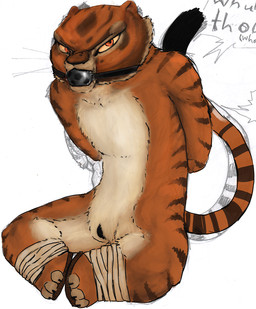 anthro ball_gag bdsm biped bondage bound captured female gag gagged genitals rope simple_background sitting solo spread_legs spreading stripes submissive submissive_female vulva white_background imaajfpstnfo dreamworks kung_fu_panda master_tigress felid mammal pantherine tiger