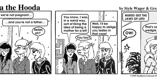 anthro breasts clothed clothed_female clothing dialogue ears_back eyewear female glasses group jacket male nurse_clothing nurse_uniform outside pivoted_ears snow snowing sunglasses text topwear uniform style_wager dela_the_hooda dela_aldershaw jake_mcross sue_chan_(dela_the_hooda) canid canine fox hooda human mammal 1999 comic english_text greyscale monochrome