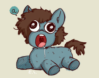 a_(vocalization) ambiguous_feral ambiguous_gender blue_body blue_fur bodily_fluids brown_hair brown_tail derp_eyes dialogue drooling feral fur hair lying on_front open_mouth quadruped saliva simple_background solo speech_bubble spread_arms spread_legs spreading tail tan_background teeth text uvula yellow_background young young_ambiguous young_feral edgysketties fluffy_pony equid equine fluffy_pony_(species) horse mammal pony 2020 digital_media_(artwork) english_description hatching_(art) shaded