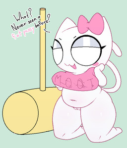anthro belly blush bottomless bottomless_anthro bottomless_female bow_ribbon breasts clothed clothing eyelashes eyeshadow female genitals hammer kneeling makeup medium_breasts raised_tail shirt simple_background smug solo tail text thick_thighs tools topwear vulva white_body tiimooner 4chan moot domestic_cat felid feline felis mammal 2026