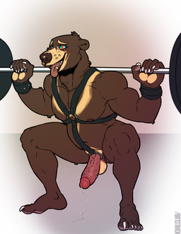 abs anthro balls barbell barbell_squats biceps bodily_fluids erection exercise fur genital_fluids genitals hypnosis male mind_control muscular muscular_anthro muscular_male nipples nude pecs penis precum ringed_eyes smile solo squats straps submissive submissive_male teeth vein veiny_penis workout kihu bear mammal 2016
