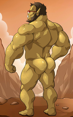 beard butt eyewear facial_hair glasses male muscular muscular_humanoid muscular_male not_furry nude solo maldu humanoid orc absurd_res hi_res