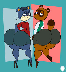 anthro bedroom_eyes big_butt blue_body blue_fur blue_pupils bottomwear brown_body brown_fur bubble_butt butt clothed clothing countershade_face countershade_feet countershade_hands countershade_tail countershading crossdressing curvy_figure duo eyelashes eyewear facial_markings feet femboy footwear freckled_face freckles fur geometric_background glasses hair head_markings high_heels jacket logo looking_at_viewer looking_back looking_back_at_viewer male markings mask_(marking) narrowed_eyes one_leg_up pupils raised_leg rear_view seductive shoes simple_background skirt small_waist sweater tail text thick_thighs topwear wasp_waist whiskers wide_hips thatdawgmurray animal_crossing nintendo lyle_(animal_crossing) tom_nook_(animal_crossing) canid canine mammal mustelid otter raccoon_dog tanuki aliasing artist_logo artist_name digital_media_(artwork) hi_res signature