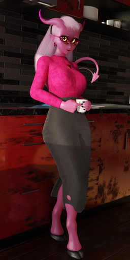 bottomwear breasts clothing container cup eyewear female glasses hair holding_container holding_cup holding_object hooves horn kitchen long_hair long_skirt looking_at_viewer medium_breasts pink_body pointy_ears red_sclera shirt skirt solo spade_tail tail topwear white_hair wide_hips yellow_eyes lorded samzan_(modeler) hellaverse helluva_boss mrs._mayberry_(helluva_boss) demon demon_humanoid humanoid 3d_(artwork) absurd_res digital_media_(artwork) hi_res