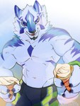 anthro biceps blue_eyes bottomwear clothing dessert food fur ice_cream ice_cream_cone male multicolored_body multicolored_fur navel neck_tuft shirtless shorts solo tuft kozumetako lifewonders live_a_hero sadayoshi canid canine mammal 3:4 hi_res