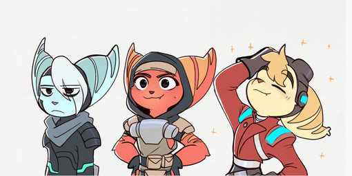 anthro armor blue_body blue_fur eyebrows eyelashes eyes_closed eyewear eyewear_on_head female fur goggles goggles_on_head group hands_on_hips hood male red_body red_fur smile striped_body striped_fur stripes trio yellow_body yellow_fur time_fluffy500 ratchet_and_clank sony_corporation sony_interactive_entertainment mopz_(ratchet_and_clank) sprocket_(ratchet_and_clank) widget_(ratchet_and_clank) lombax mammal 2025 hi_res