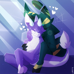 2_horns 3_toes ambiguous_gender anthro arm_grab black_body black_inner_ear blue_nose cute_fangs duo eyes_closed fangs feet fluffy fluffy_tail fur green_body green_fur heart_symbol hooves horn hug nude nuzzling pattern_background purple_body purple_fur romantic romantic_couple simple_background sitting smile striped_background tail tail_tuft teeth toes tuft white_body white_fur white_horn yellow_body yellow_fur skweekers mythology dragon furred_dragon furred_scalie mythological_creature mythological_scalie scalie unknown_species 1:1 2022 hi_res