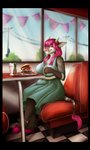 anthro beverage big_breasts black_border border bracelet breasts burger clothed clothing cutlery dress female food fork hair hooves horn jewelry kitchen_utensils milkshake pink_hair restaurant solo tools vintage dagernice dunnowhattowrite pasia bovid bovine cattle mammal 3:5 artist_collaboration hi_res