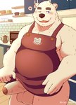 anthro apron balls blush clothing detailed_background erection genitals heart_symbol kemono kitchen_utensils male moobs nipples one_eye_closed overweight overweight_male penis solo tools wink iriai_inasa bear mammal polar_bear ursine 2023 hi_res