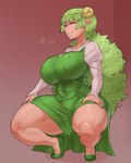 big_breasts breasts brown_background clothing crouching curved_horn dress eyelashes female footwear green_clothing green_dress green_eyes green_footwear green_hair green_shoes hair horn huge_breasts humanoid_pointy_ears long_hair looking_at_viewer narrowed_eyes navel_outline nipple_outline pointy_ears shoes simple_background smile solo tan_body tan_skin thick_thighs topwear white_clothing white_topwear wide_hips yellow_horn ourobot mairimashita!_iruma-kun mrs._valac demon demon_humanoid horned_humanoid humanoid hi_res