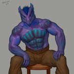 abs anthro biceps biped blue_eyes bottomwear brown_bottomwear brown_clothing brown_pants bulge claws clothed clothing facial_piercing finger_claws fingers front_view furniture grey_background hand_on_knee hand_on_leg horn humanoid_hands leaning_on_knee looking_at_viewer male multicolored_body multicolored_scales muscular muscular_anthro muscular_male navel nose_piercing pants pants_only pecs piercing purple_body purple_scales scales seductive simple_background sitting sitting_on_stool smile smirk solo stool topless topless_anthro topless_male aduran dungeons_and_dragons hasbro wizards_of_the_coast torrin_(lesfleurs) dragonborn_(dnd) 2023 digital_drawing_(artwork) digital_media_(artwork) hi_res shaded