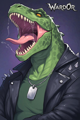anthro bodily_fluids clothed clothing gaping_mouth jacket leather leather_clothing leather_jacket leather_topwear male open_mouth saliva saliva_string scales sharp_teeth simple_background solo spikes teeth tongue tongue_out topwear ward0r rocco_(tallion) dinosaur prehistoric_species reptile saurischian scalie theropod tyrannosaurid tyrannosauroid tyrannosaurus tyrannosaurus_rex digital_media_(artwork) hi_res