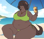 anthro beach beach_towel beach_umbrella belly beverage big_belly big_breasts bikini bikini_bottom bikini_top black_body black_fur black_hair black_nose bracelet breasts clothing dreadlocks ear_piercing female floppy_ears fur gold_(metal) gold_bracelet gold_jewelry green_bikini_bottom green_bikini_top hair holding_beverage holding_object jewelry navel necklace overweight overweight_anthro overweight_female parasol peace_symbol piercing sand sitting sitting_on_beach_towel sitting_on_ground smile solo swimwear tail thick_thighs towel two-piece_swimsuit umbrella water wide_hips aucherr valerayu canid canine canis domestic_dog mammal 2024 artist_collaboration hi_res