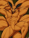 9_tails anthro biped black_nose fur male multi_tail muscular muscular_anthro muscular_male muscular_thighs nude orange_body orange_fur solo tail dottodottodott0 yourboi_lynno naruto kurama canid canine fox mammal tailed_beast 2025 colored hi_res