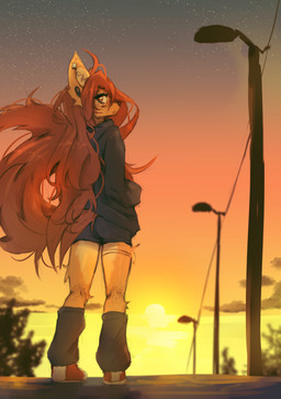 anthro biped bottomwear butt clothed clothed_anthro clothed_female clothing female fully_clothed fully_clothed_anthro fully_clothed_female fur hair looking_at_viewer outside rear_view sky solo standing star tail tattoo topwear tinygaypirate apogee_(tinygaypirate) canid canine canis domestic_dog mammal 2026 absurd_res digital_drawing_(artwork) digital_media_(artwork) hi_res