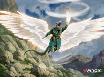 anthro barefoot belt claws clothing detailed_background feathered_wings feathers feet flying green_body green_scales holding_feather looking_up male open_mouth outside pouch_(clothing) rock scales solo spread_wings tail wings borja_pindado hasbro magic:_the_gathering wizards_of_the_coast reptile scalie digital_media_(artwork) hi_res official_art
