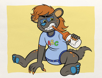 annoyed anthro baby_bottle bite blue_sclera clothed clothing diaper hair long_hair male neonate onesie sharp_teeth sitting solo tail teeth young young_anthro young_male ticketyticktok bear mammal 2025