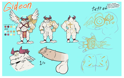 3_eyes abs anthro axe balls biceps border bottomwear butt clothing cross erection fangs feathered_wings feathers flaccid genitals halo horn loincloth male melee_weapon multi_eye muscular muscular_anthro muscular_male nipples pecs penis solo tailless tattoo teeth text vein veiny_penis weapon white_border wings elfein gideon_(elfefin) angel scalie english_text hi_res model_sheet