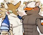 abs black_body black_fur blush clothing countershading duo fur hair hat headgear headwear male muscular muscular_male pecs visor_cap white_hair sirius_hoshi_s lifewonders tokyo_afterschool_summoners seth_(tas) tadatomo_(tas) canid canine canis domestic_dog jackal mammal hi_res