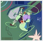 abstract_background anthro clothed clothing expressive female freckles green_body green_hair green_scales hair long_tail scales simple_background smile snout solo tail dannycris121 cavemanon_studios i_wani_hug_that_gator olivia_halford baryonyx dinosaur prehistoric_species reptile scalie spinosaurid theropod colored hi_res