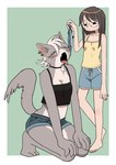 anthro blush bottomwear breasts clothed clothing duo ear_piercing eyes_closed eyewear female glasses narrow_hips open_mouth piercing shorts thin_calves thin_legs thin_thighs ikutasemi domestic_cat felid feline felis fish human mammal marine absurd_res hi_res