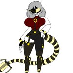 accessory asymmetrical_shorts big_breasts black_clothing black_shirt black_topwear bottomwear breasts clothed clothing female hair hair_accessory hairband hazard_stripes knee_up machine shirt shorts sleeveless_sweater smile solo syringe_tail tail teeth topwear visor_eyes white_hair yellow_eyes artgoddesses glitch_productions murder_drones v_(murder_drones) disassembly_drone humanoid 1:1 full-length_portrait portrait