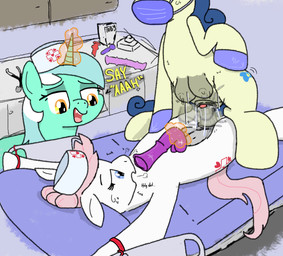 anatomically_correct anatomically_correct_genitalia animal_dildo animal_genitalia animal_penis animal_sex_toy animal_vulva bdsm bed bodily_fluids bound breath canine_dildo clitoral_winking clitoris clothing cuff_(restraint) cutie_mark dildo dominant dominant_female equine_dildo equine_genitalia equine_penis equine_vulva female feral feral_on_feral furniture genital_fluids genitals gloves group gynomorph handwear headgear headwear hooves horn hospital hospital_bed imminent_oral intersex intersex/female lying magic mask medical_instrument medical_play motion_blur motion_lines motion_outline nurse_clothing nurse_headwear on_back on_top panting penetration penis power_bottom restraints scientific_instrument sex sex_toy stethoscope submissive submissive_gynomorph submissive_intersex surgical_mask sweat sweatdrop tail teats tied_to_bed trio vaginal vaginal_fluids vaginal_penetration vibrator vulva wearing_mask tally_(artist) friendship_is_magic hasbro kinktober kinktober_2025 my_little_pony mythology bonbon_(mlp) lyra_heartstrings_(mlp) nurse_redheart_(mlp) equid equine horse mammal mythological_creature mythological_equine pony unicorn 2025 hi_res
