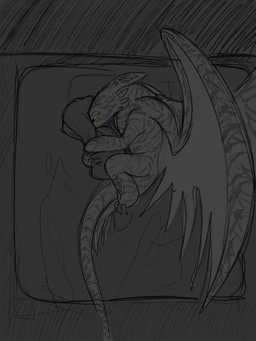 ambiguous_gender bed dark dark_body depression feral furniture grey_background half-closed_eyes hug hugging_object hugging_pillow lying lying_on_bed male narrowed_eyes on_bed on_side pillow sad simple_background solo tail tail_between_legs wings aky conditional_dnp dreamworks european_mythology how_to_train_your_dragon mythology aky_(character) dragon fury_(httyd) mythological_creature mythological_scalie night_fury reptile scalie western_dragon 3:4 hi_res