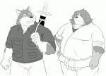 anthro belly black_nose bottomwear clothing duo humanoid_hands male melee_weapon one_eye_closed overweight overweight_male pants shirt simple_background sword topwear weapon white_background wink tiger_cub canid canine canis domestic_dog mammal 2019