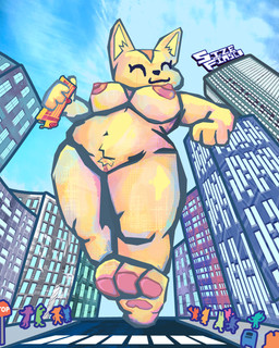 anthro breasts city extreme_size_difference feet female fur genitals low-angle_view macro micro nipples nude paws size_difference smile solo text vulva sizefiasco aggretsuko sanrio fenneko canid canine fennec_fox fox mammal true_fox absurd_res digital_media_(artwork) english_text hi_res