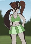 anthro black_nose blurred_background blush bottomwear breasts brown_hair cheerleader cheerleader_outfit cheerleading_pose chest_tuft clothed clothing female fingers flashing flexible front_view furgonomics genitals hair heart_symbol humanoid_genitalia humanoid_pussy looking_at_viewer navel no_underwear one_eye_closed one_leg_up orange_eyes outside ponytail pose presenting presenting_pussy pussy raised_leg skirt solo splits spread_legs spreading standing tail tail_motion tail_through_skirt tailwag tongue tongue_out tuft upskirt vertical_splits wink stargazer colleen_(stargazer) canid canine canis domestic_dog mammal 2021 animated digital_media_(artwork) short_playtime