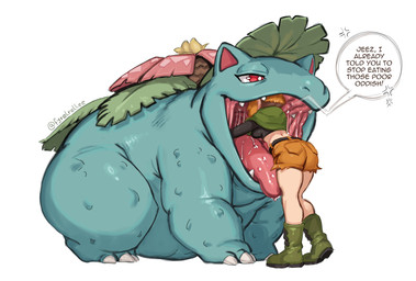 ambiguous_feral ambiguous_gender barely_inside belly big_belly bodily_fluids clothed clothed_human clothing duo female feral gaping_mouth gym_leader hair head_first imminent_vore interspecies larger_ambiguous larger_feral open_mouth oral_vore orange_hair plant red_eyes saliva simple_background size_difference smaller_human teeth text tongue tongue_out vore white_background fyrelrellee mythology nintendo pokemon gardenia_(pokemon) elemental_creature flora_fauna generation_1_pokemon human mammal mythological_creature pokemon_(species) scalie venusaur digital_media_(artwork) english_text hi_res