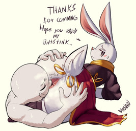 anal_musk anthro anus anus_only big_butt blush bottomless brown_eyes butt butt_sniffing clothed clothing dialogue duo explicitly_stated_consent female fur half-closed_eyes legwear looking_back male musk narrowed_eyes nose_to_anus presenting presenting_anus presenting_hindquarters raised_tail shortstack simple_background smelly sniffing tail text thick_thighs white_background white_body white_fur lilmoonie anon pana_(lilmoonie) human lagomorph leporid mammal rabbit digital_media_(artwork) english_text hi_res