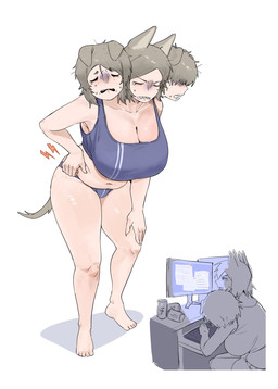 3_heads big_breasts breasts brown_hair clothing computer electronics female hair multi_head navel open_mouth pain sitting slightly_chubby solo standing swimwear tail maikamiaka haewn_(maikamiaka) phech_(maikamiaka) ploy_(maikamiaka) animal_humanoid canid canid_humanoid canine canine_humanoid dog_humanoid humanoid mammal mammal_humanoid 2025 digital_media_(artwork) hi_res