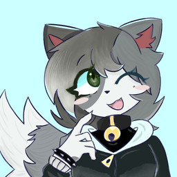 anthro black_collar blush collar female fur heterochromia one_eye_closed open_mouth solo anonymous_artist 1:1 greyscale hi_res monochrome